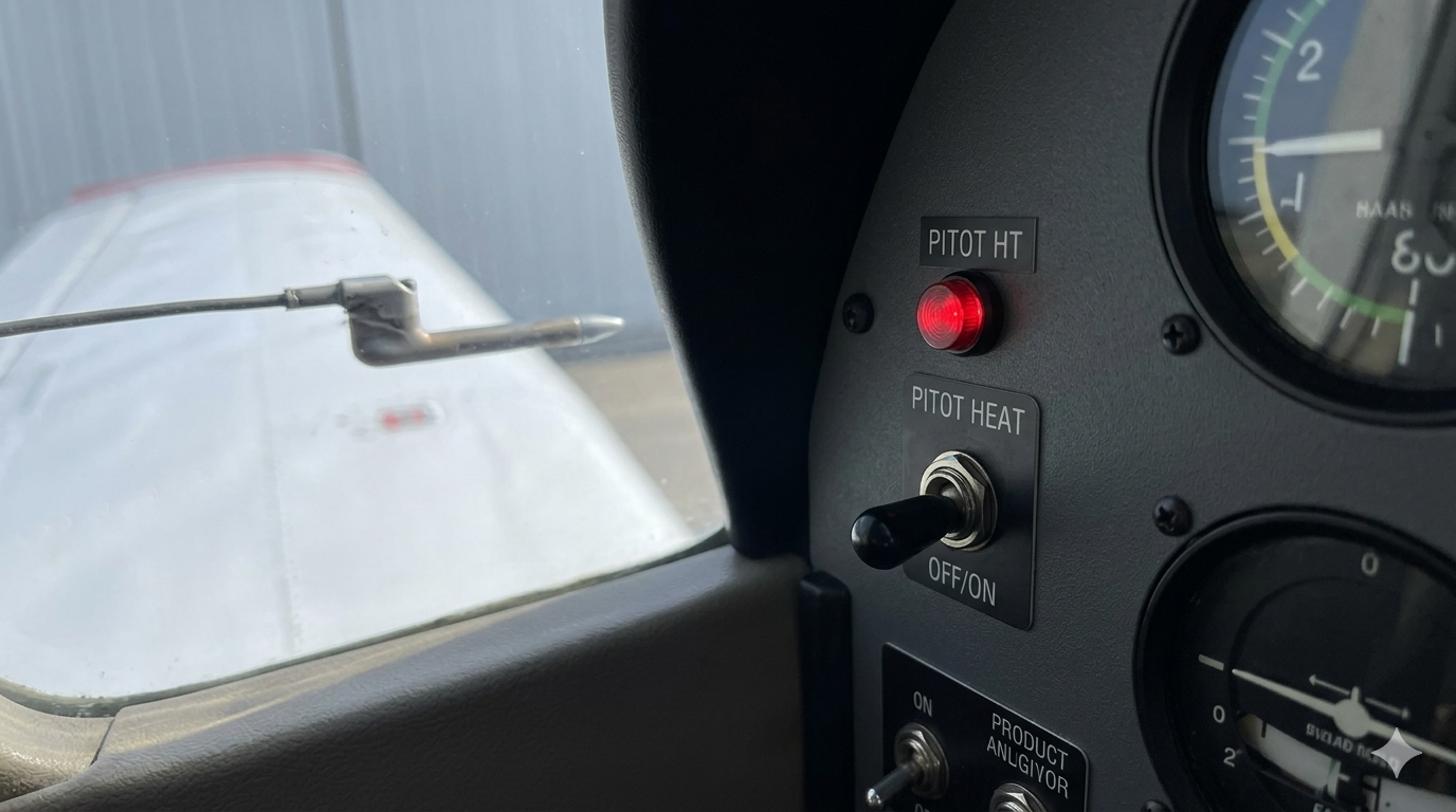 Heated pitot switch and annunciator on panel