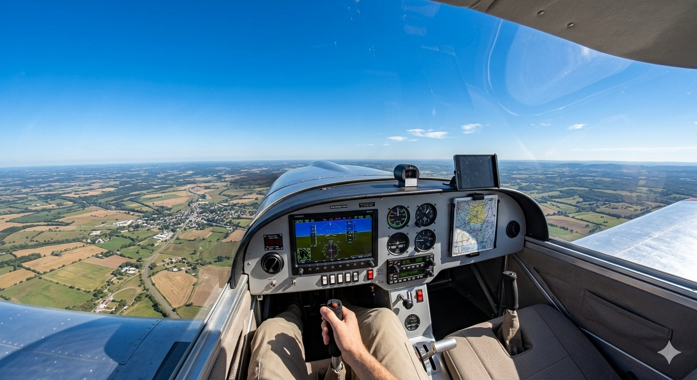 Clear blue-sky cockpit — VFR day flight