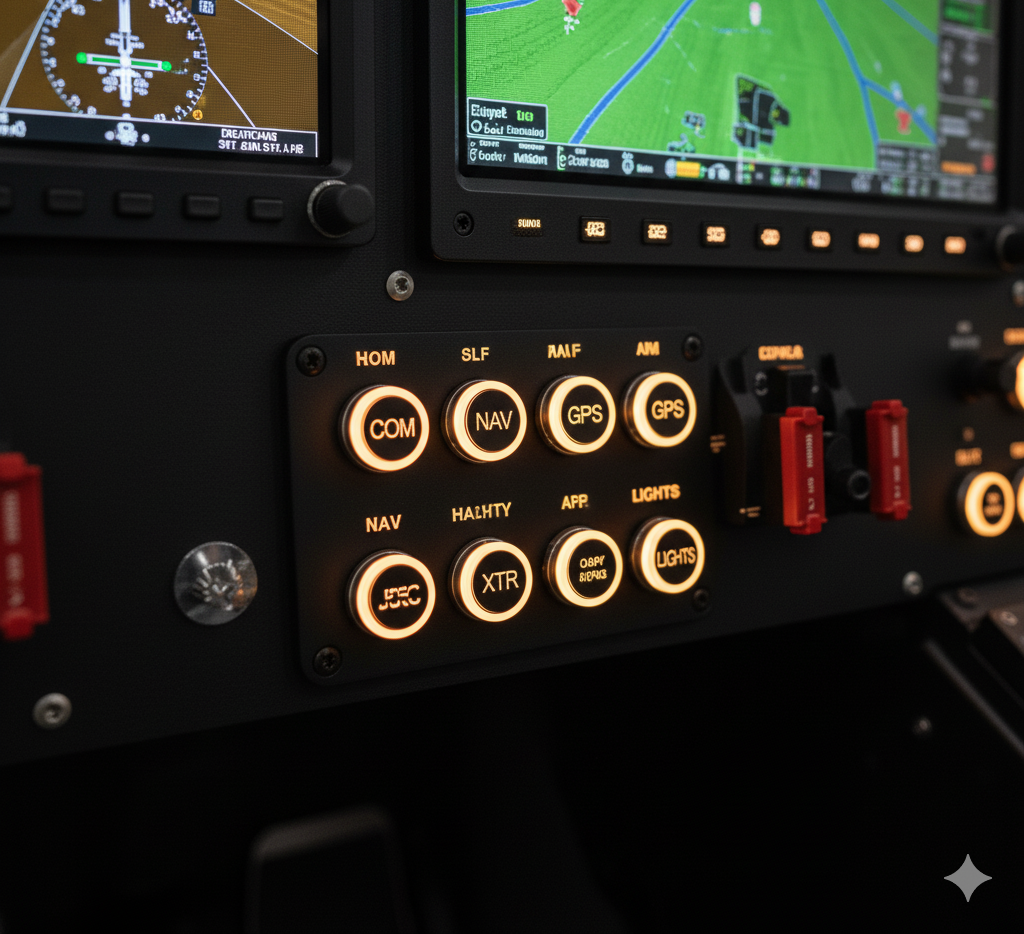Illuminated aircraft push button switches with engraved legends